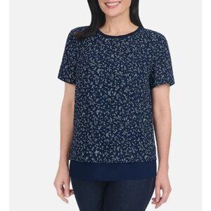 NWOT Hilary Radley Women's XL Floral Print Navy  Chiffon Blouse Short Sleeve